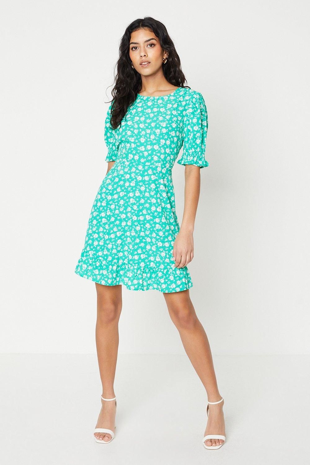 Dorothy Perkins Petite Green Floral Frill Hem Mini Dress