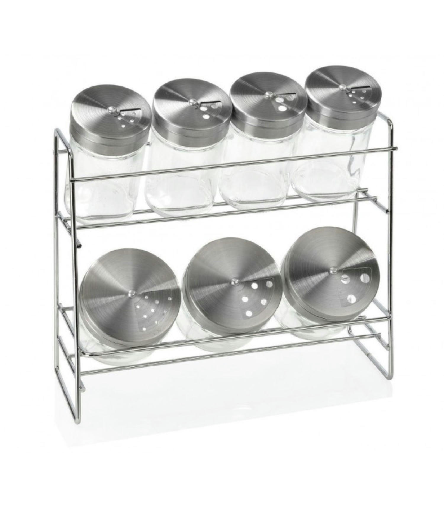 - Étagère à épices en métal + 7 pots à épices en verre
