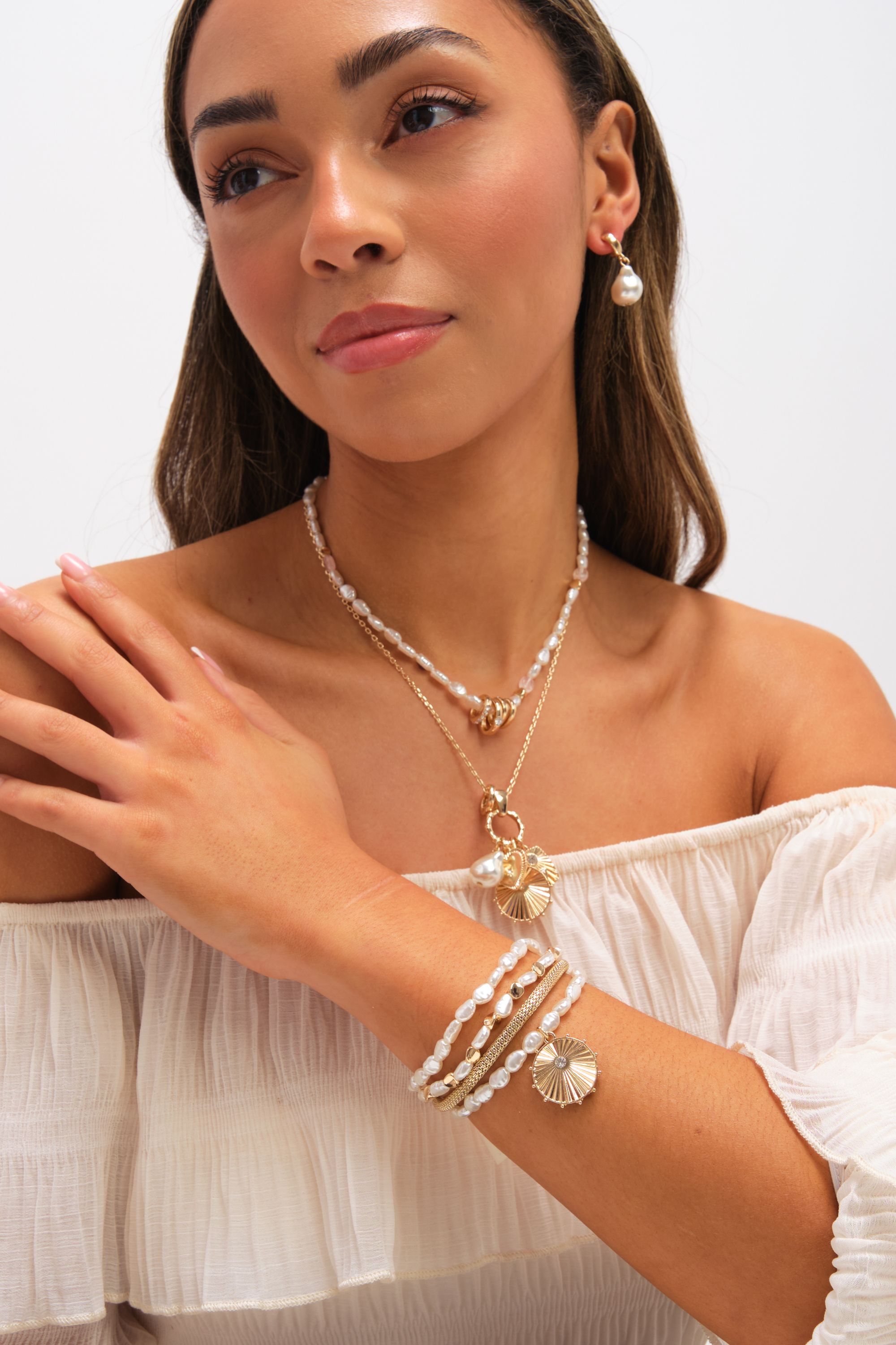 Mood Gold Plated Multi Row Charm Pearl Necklace