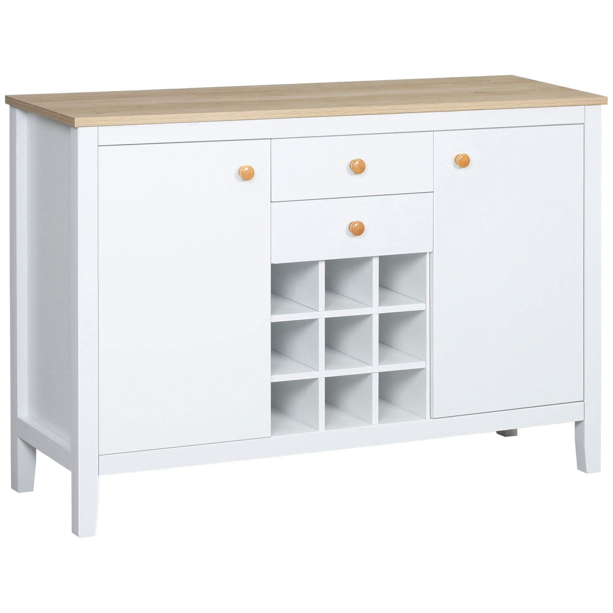 - Buffet 2 tiroirs 2 portes porte-bouteilles blanc bois clair