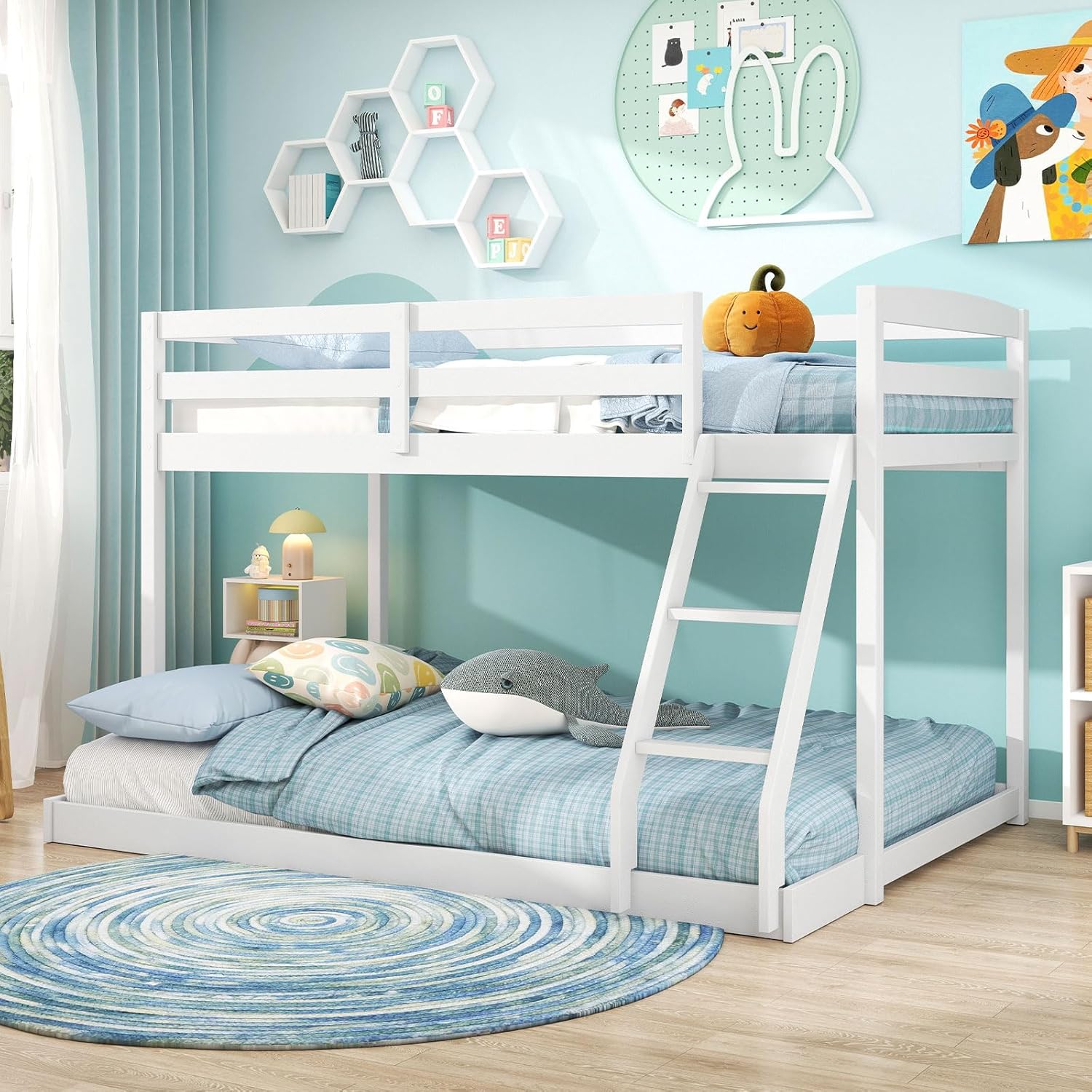 Giantex Twin Over Full Bunk Bed, Solid Wood Kids Bunk Bed with Full-Length Guardrails & Ladder, Low Bunk Beds with Slats Support for Kids, Teens, No Box Spring Needed, White