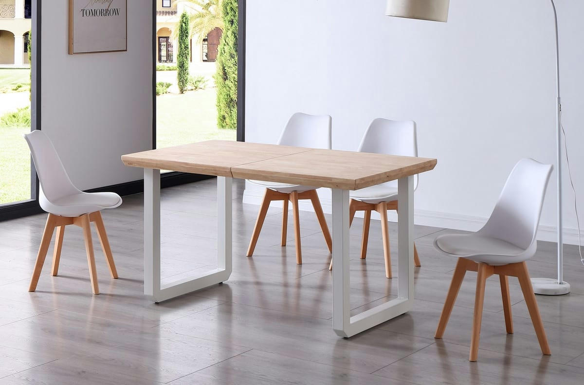 MATIKA - Table repas extensible bois clair et acier blanc L 220