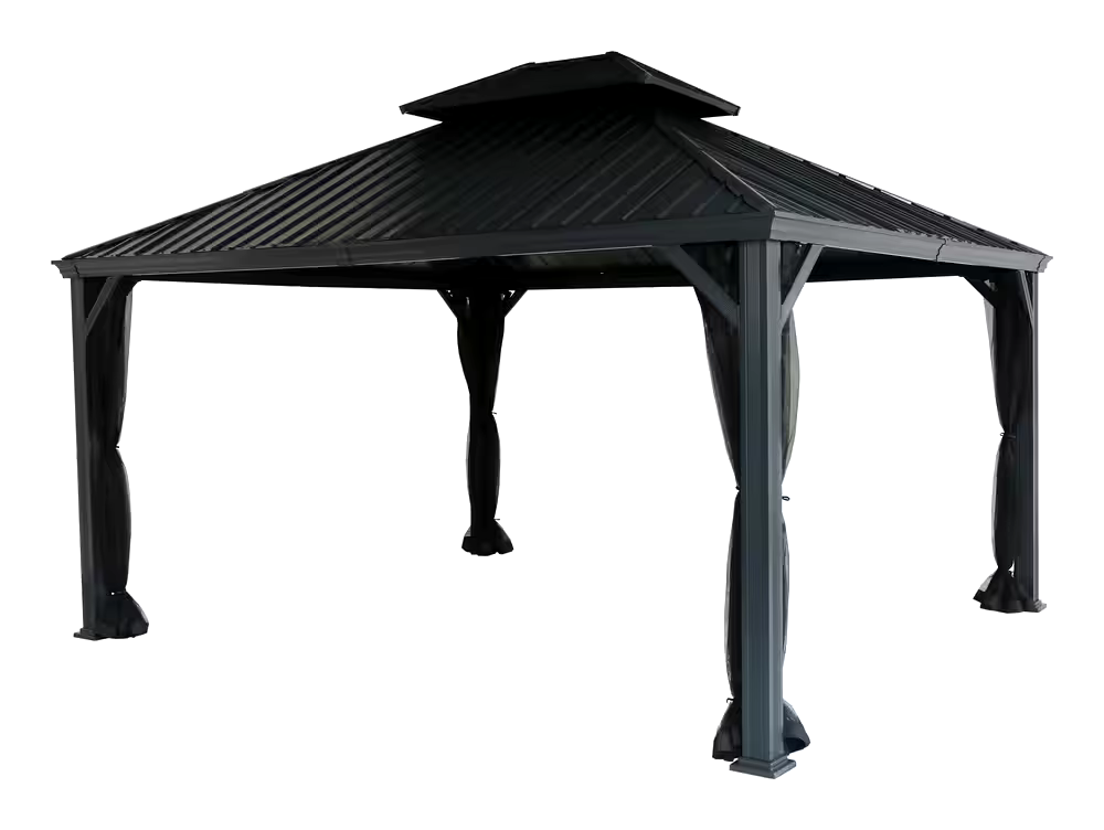 CANVAS Skyline Outdoor Aluminum Patio Hard-Top Gazebo w/ Bug Net, for All-Season, Black, 12x14-ft