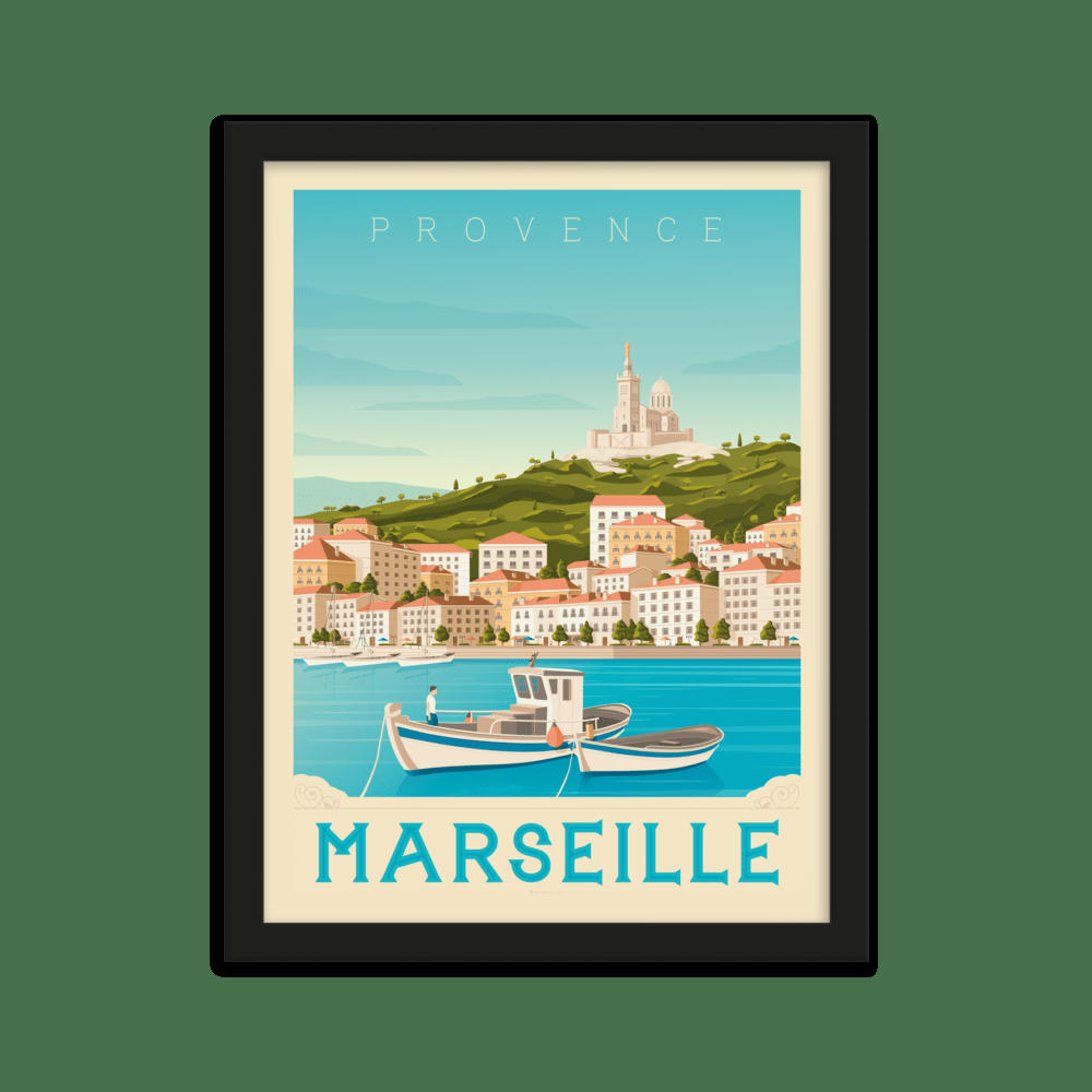 - Affiche Marseille France + Cadre Bois noir 21x29,7 cm