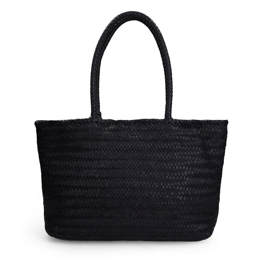 Manfield Zwarte leren gevlochten handtas