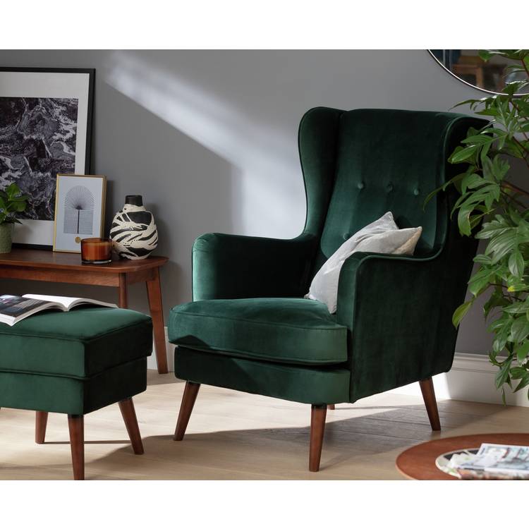 Habitat Callie Velvet Footstool - Forest Green