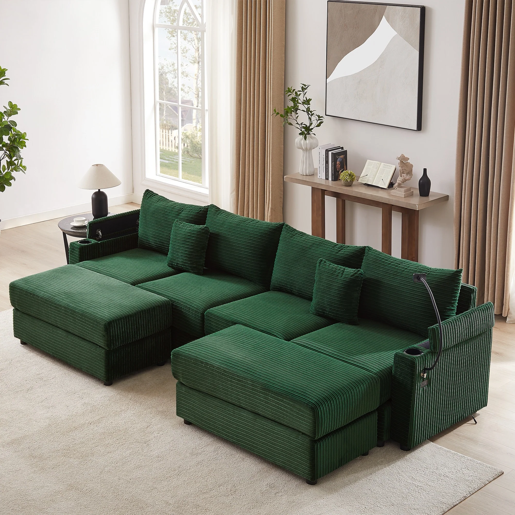 123.2 Corduroy Sectional Sofa with Storage, USB Ports, Ottomans