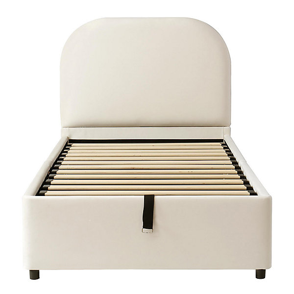 Lit enfant rembourré 90x200 cm, hydraulique, tête velours, rangement - beige