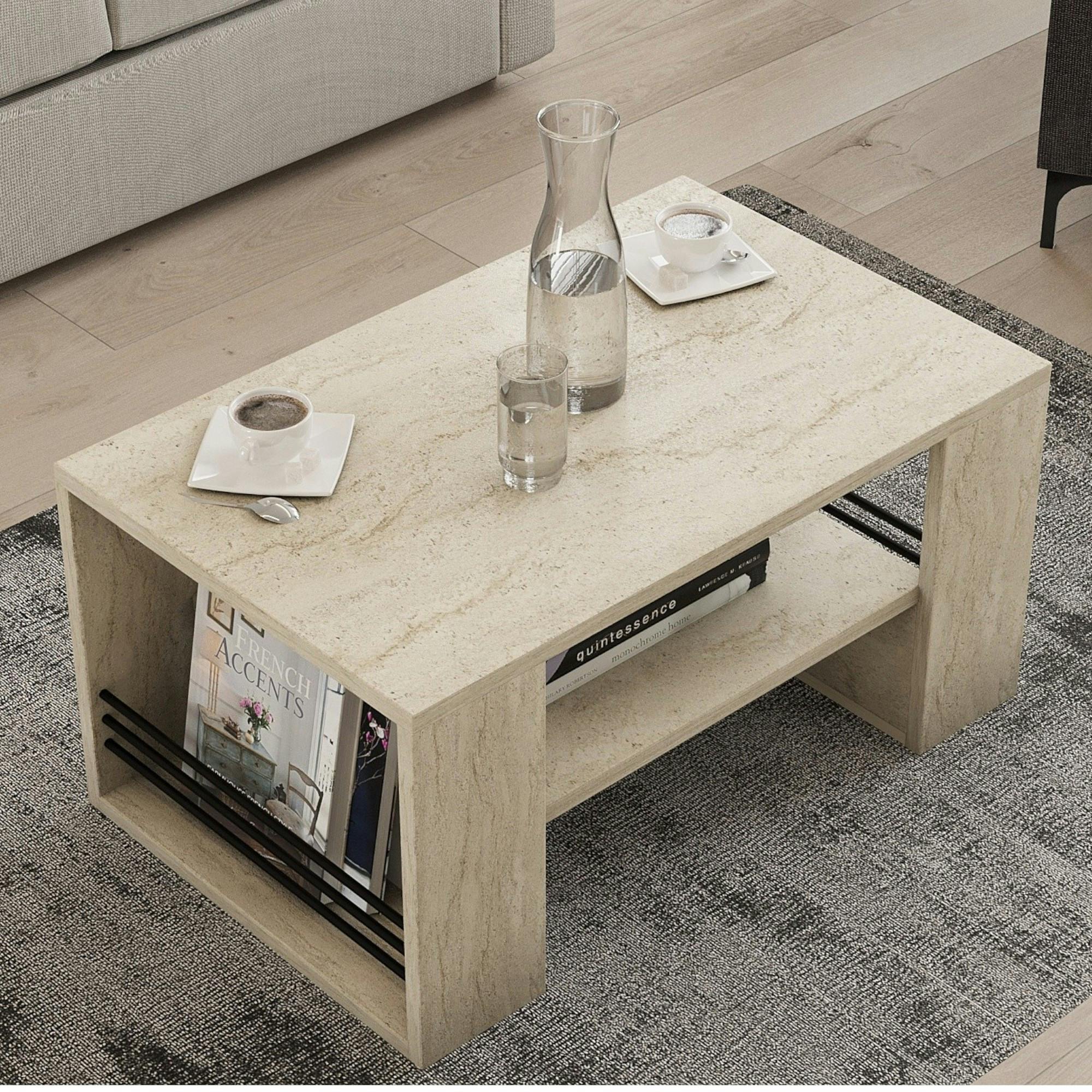 Table basse double plateau effet travertin, porte-revues JENA