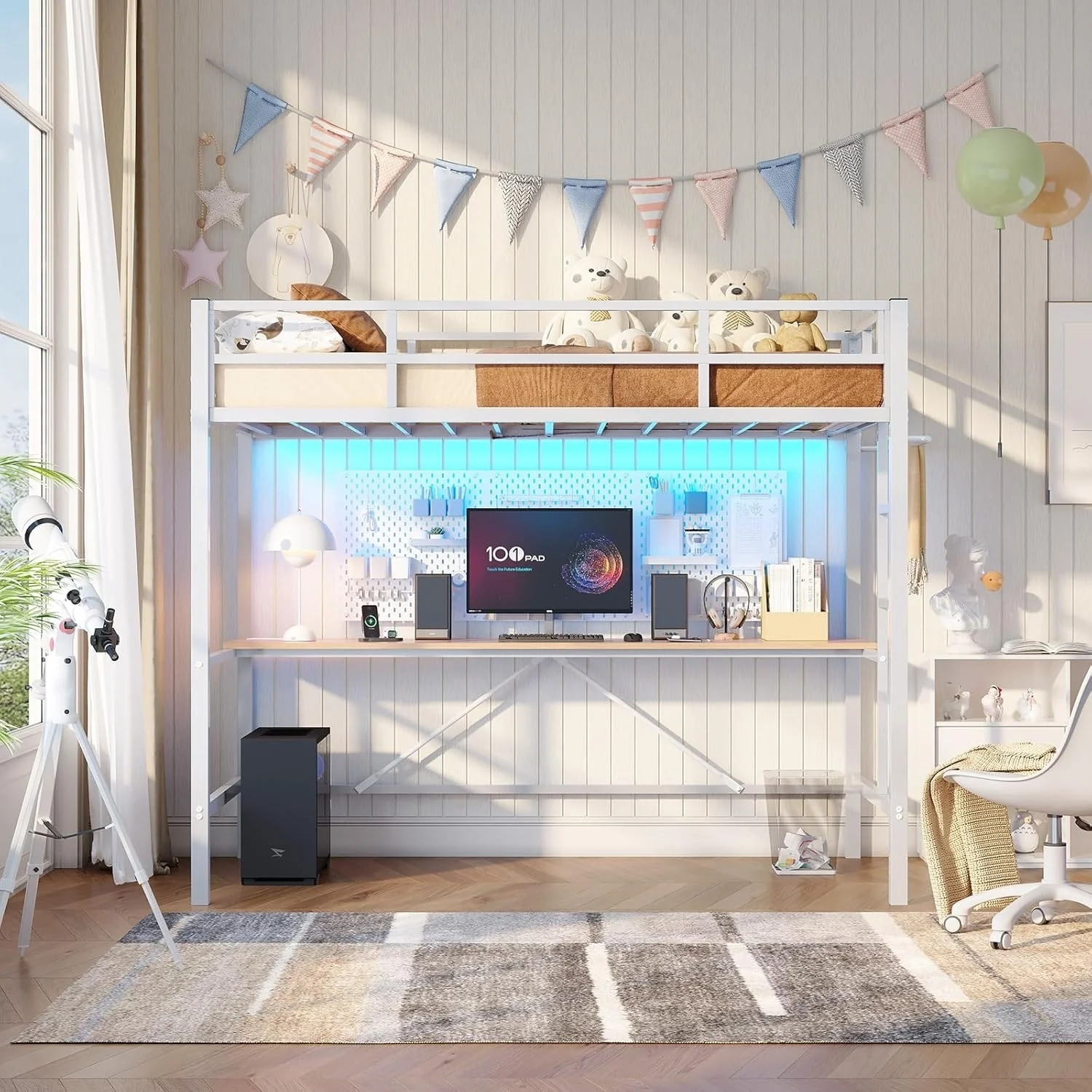 Loft Bed with Desk Gaming Bunk Bed LED Lights Charging Station