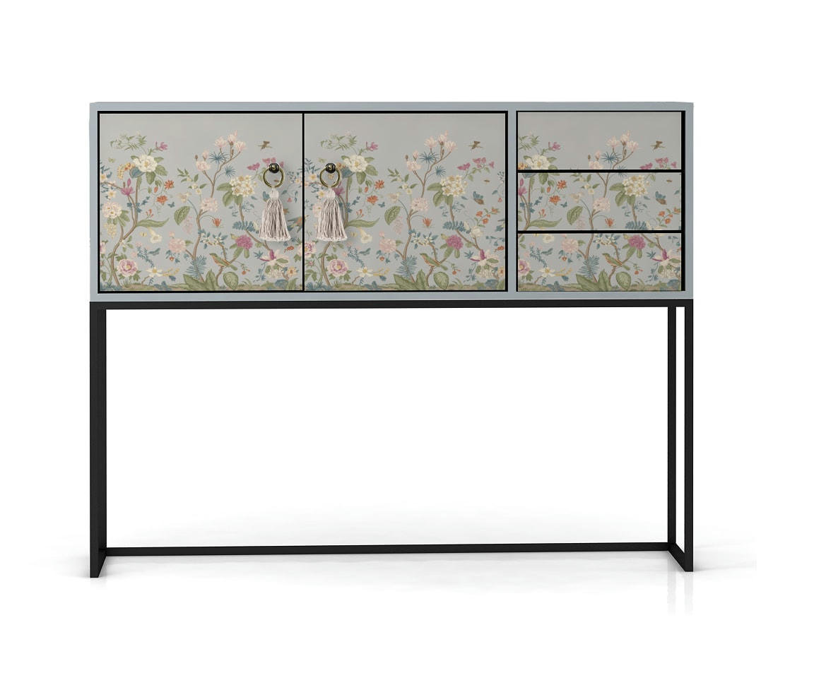 TELMA - Console Pin massif laqué 2 portes 3 tiroirs imprimé floral gris