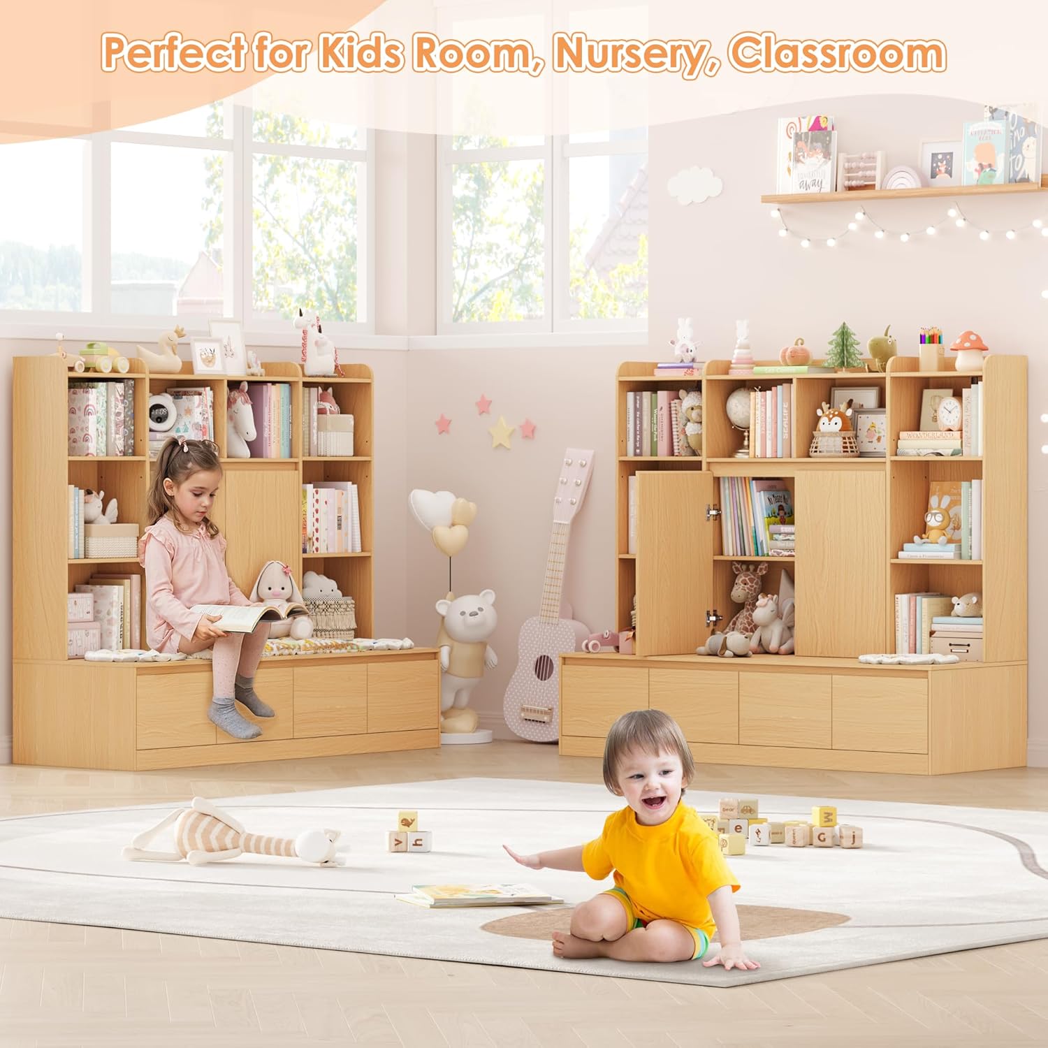 HIFIT 4-In-1 Kids Bookshelf and Toy Storage Organizer with Bench, 10-Cubes Kids Bookcase w/Reading Nook & 4 Sliding-Drawers & 2 Doors, Toy Chest Storage Cabinet for Playroom, Nursery,Classroom,Natural