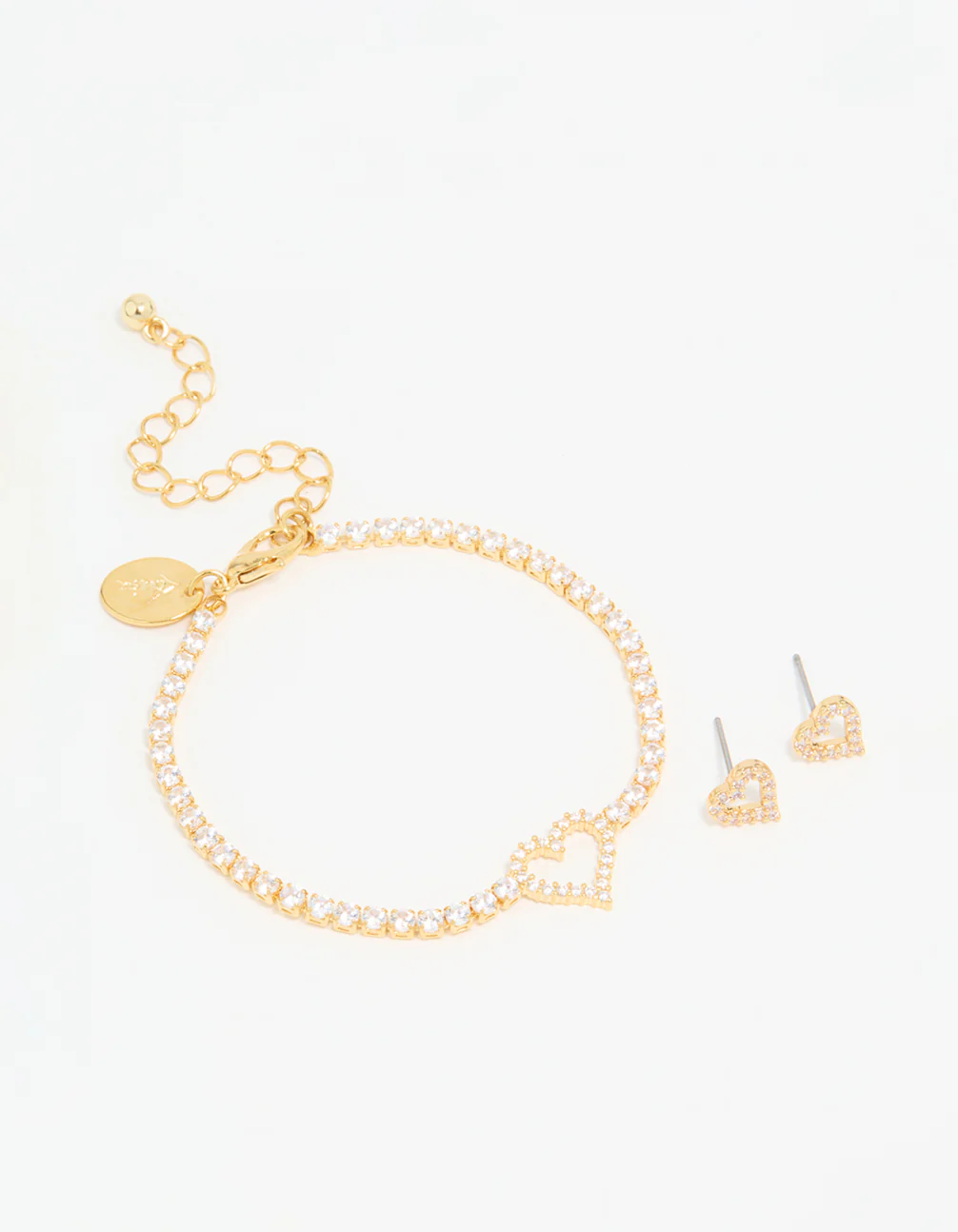 Gold Plated Cubic Zirconia Heart Outline Tennis Bracelet & Earrings Set
