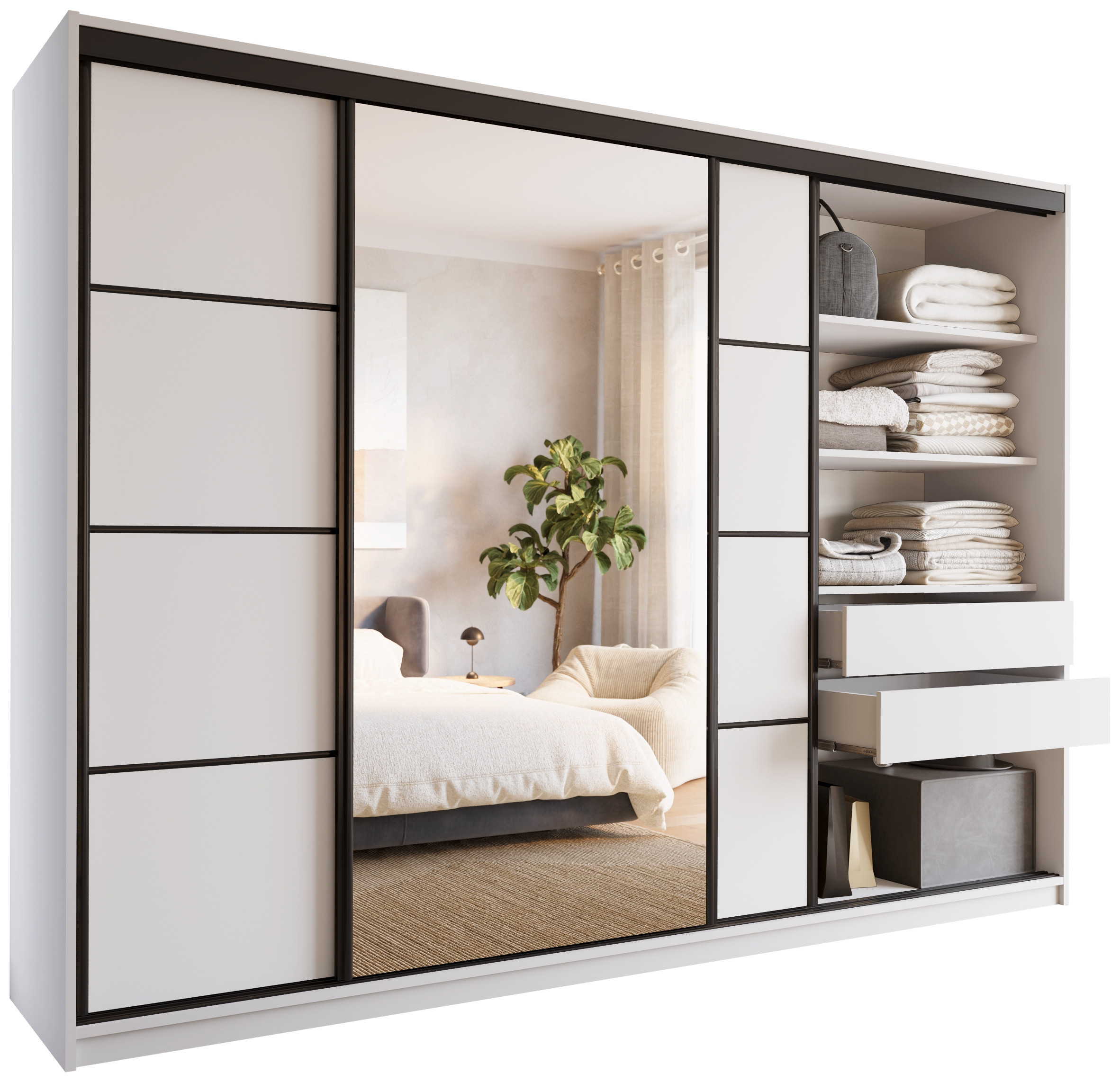 Szafa przesuwna z lustrem i szufladami 280 cm biała LOFT