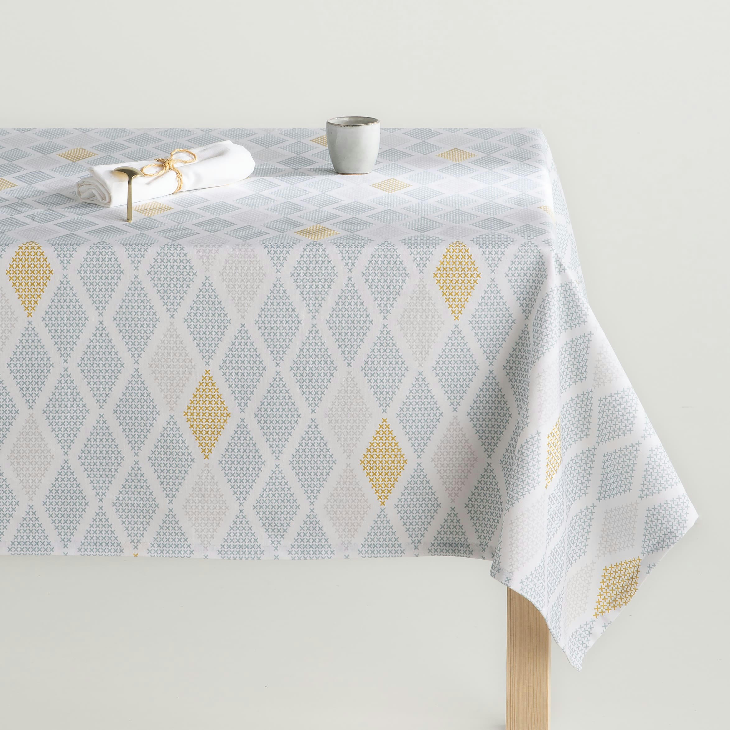 CROSS AGUA - Nappe en coton biologique antitâche bleu géométrique 140x200 cm