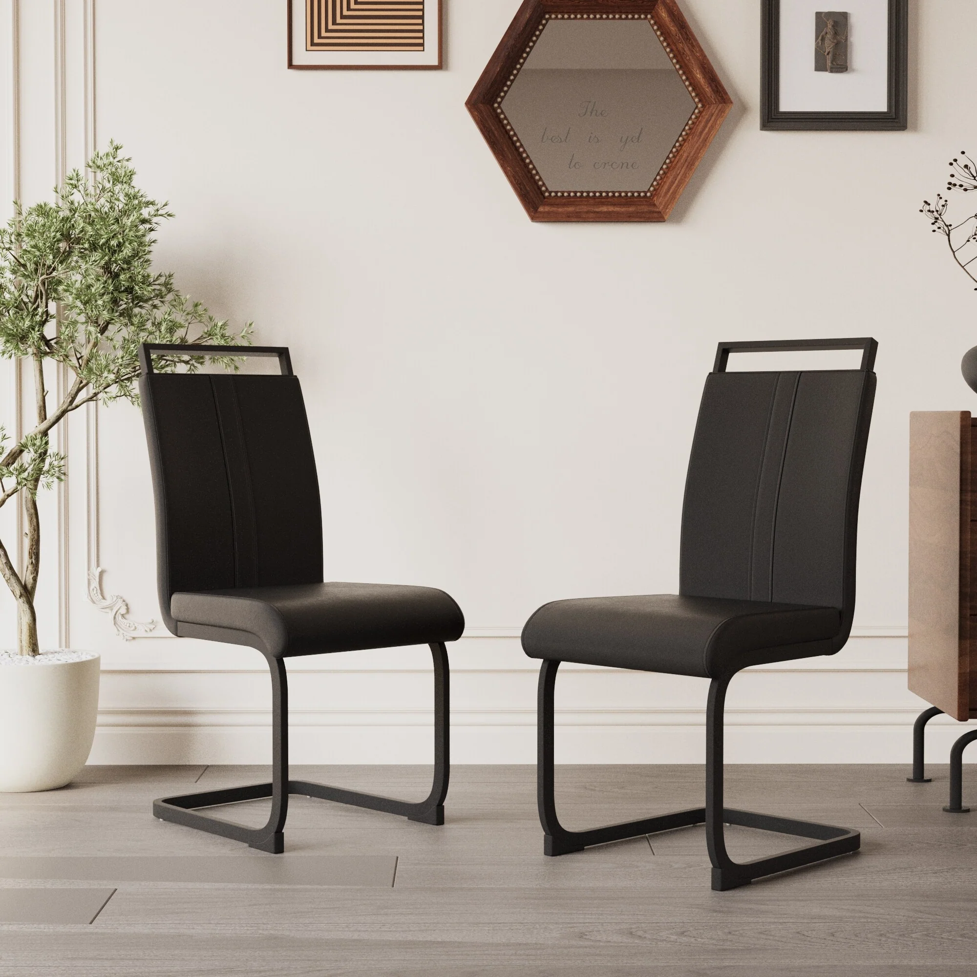 Set of 2 Modern PU Leather Dining Chairs with High Back and Black Metal Legs for Kitchen & Dining Room