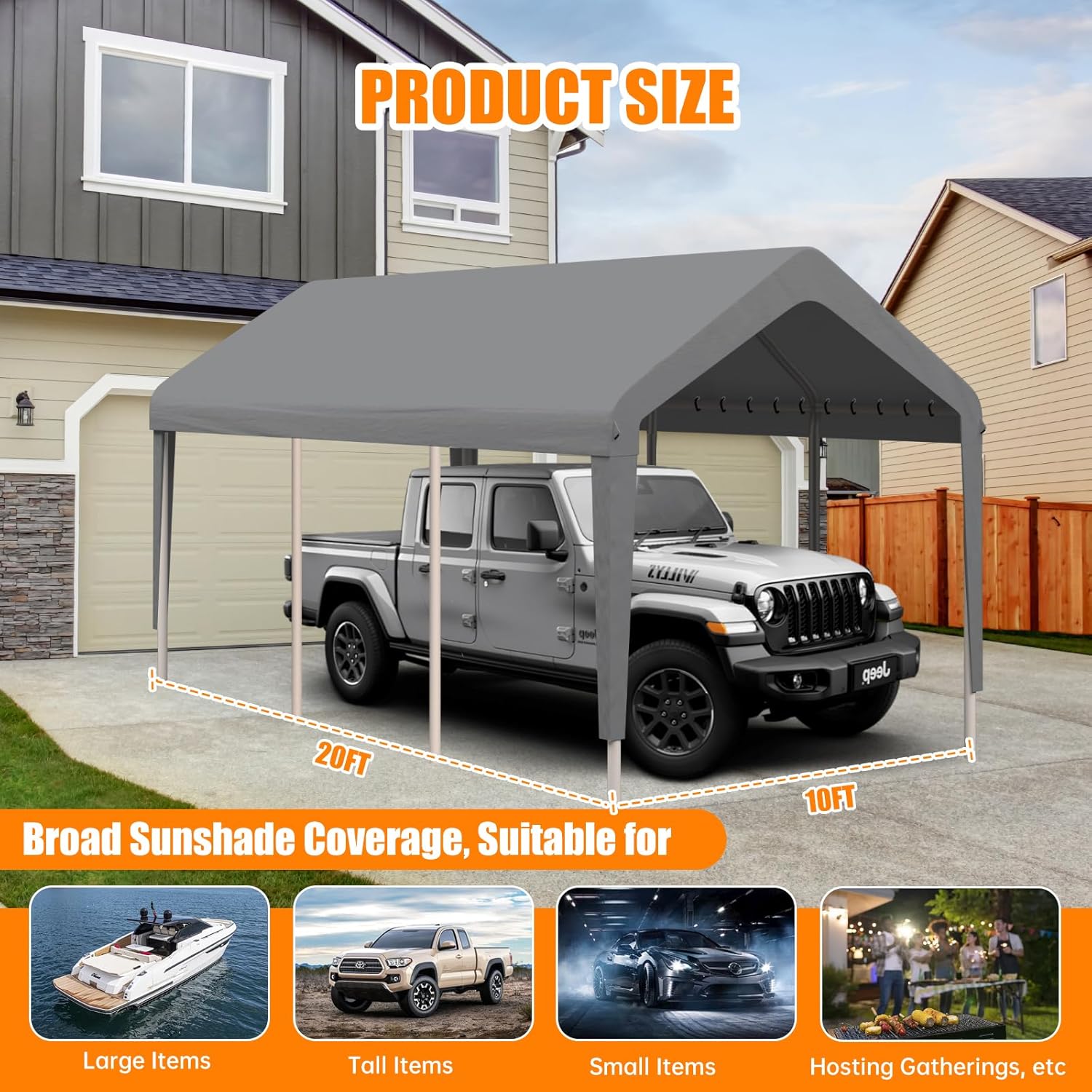 Carport Canopy 10'x20' Heavy Duty Replacement Cover, Garage Shelter Cover 800D Oxford Waterproof & UV Protected Tarp with Ball Bungees, Not Include Frame（Gray）
