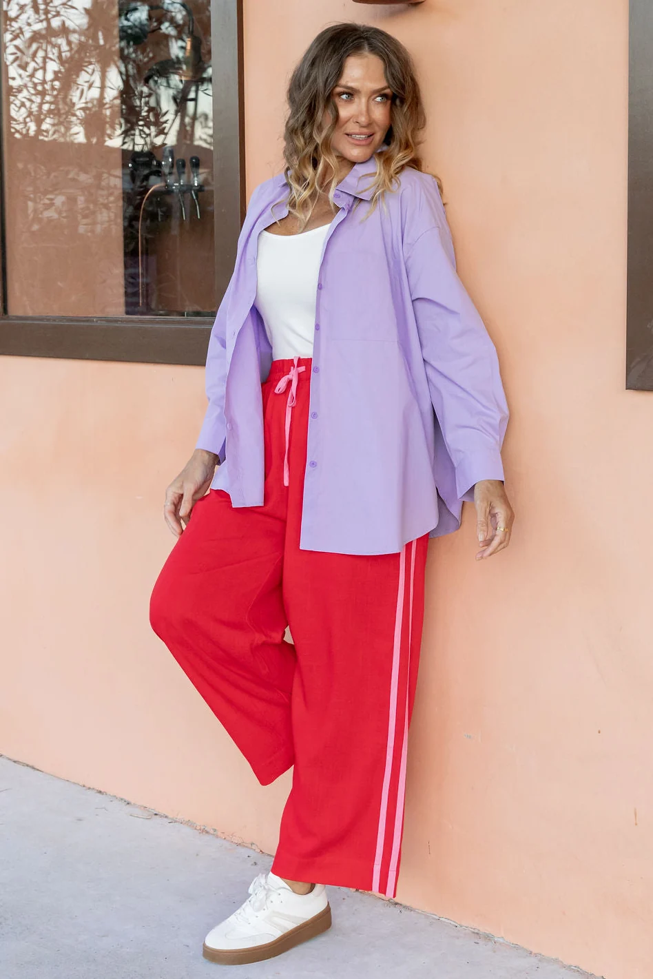 Side Stripe Linen Blend Pants in Red/Pink