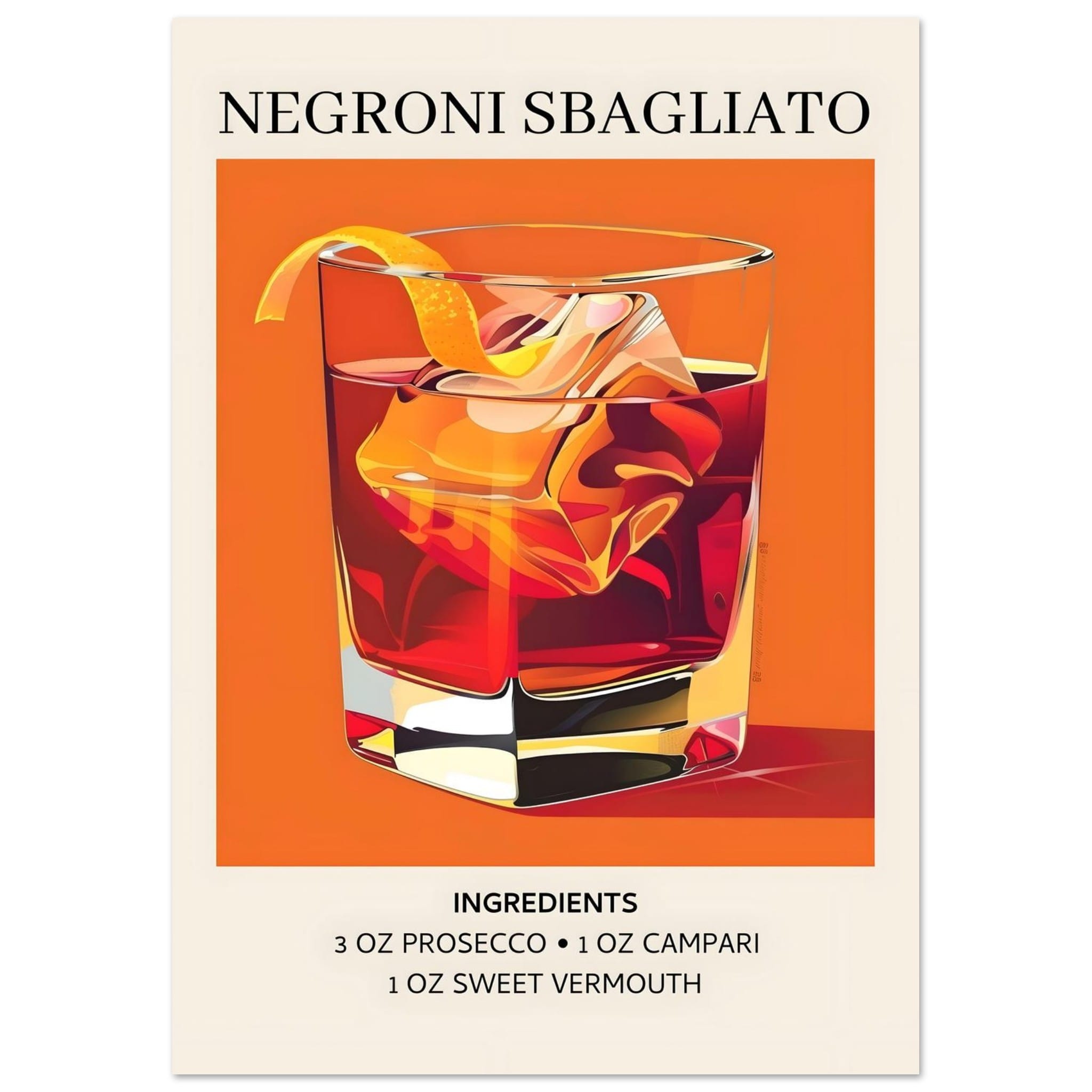 Artfulprints Poster Negroni Sbagliato cocktail - Ingrediënten  - A4 21x29.7 cm - Oranje