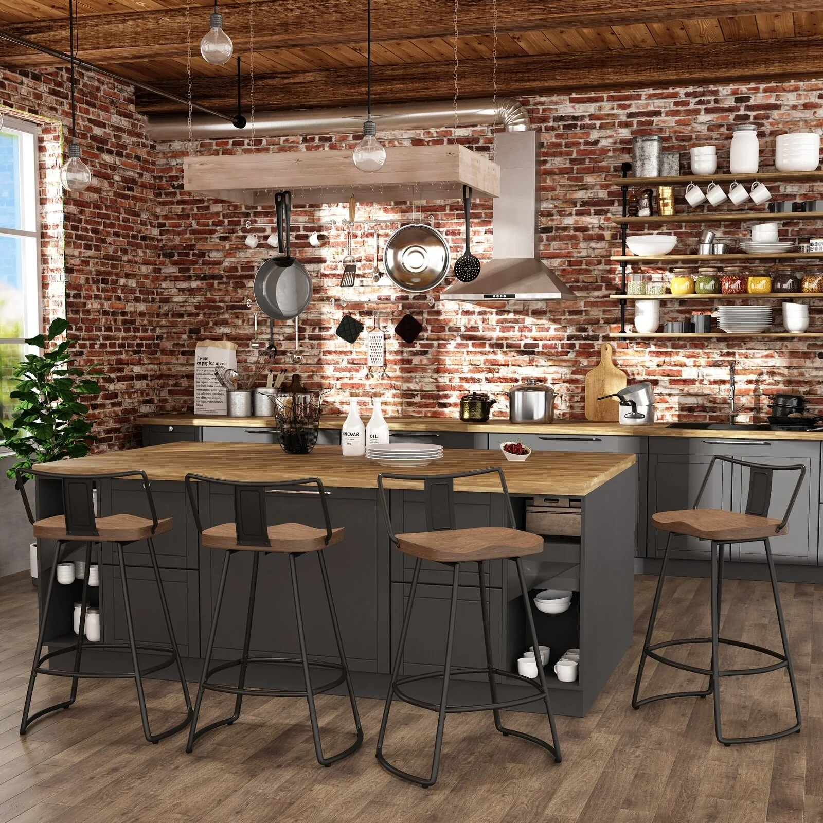 Swivel Bar Stools Set of 2 Metal Counter Height Barstools with Wooden Seat Low Back Industrial Bar Chairs