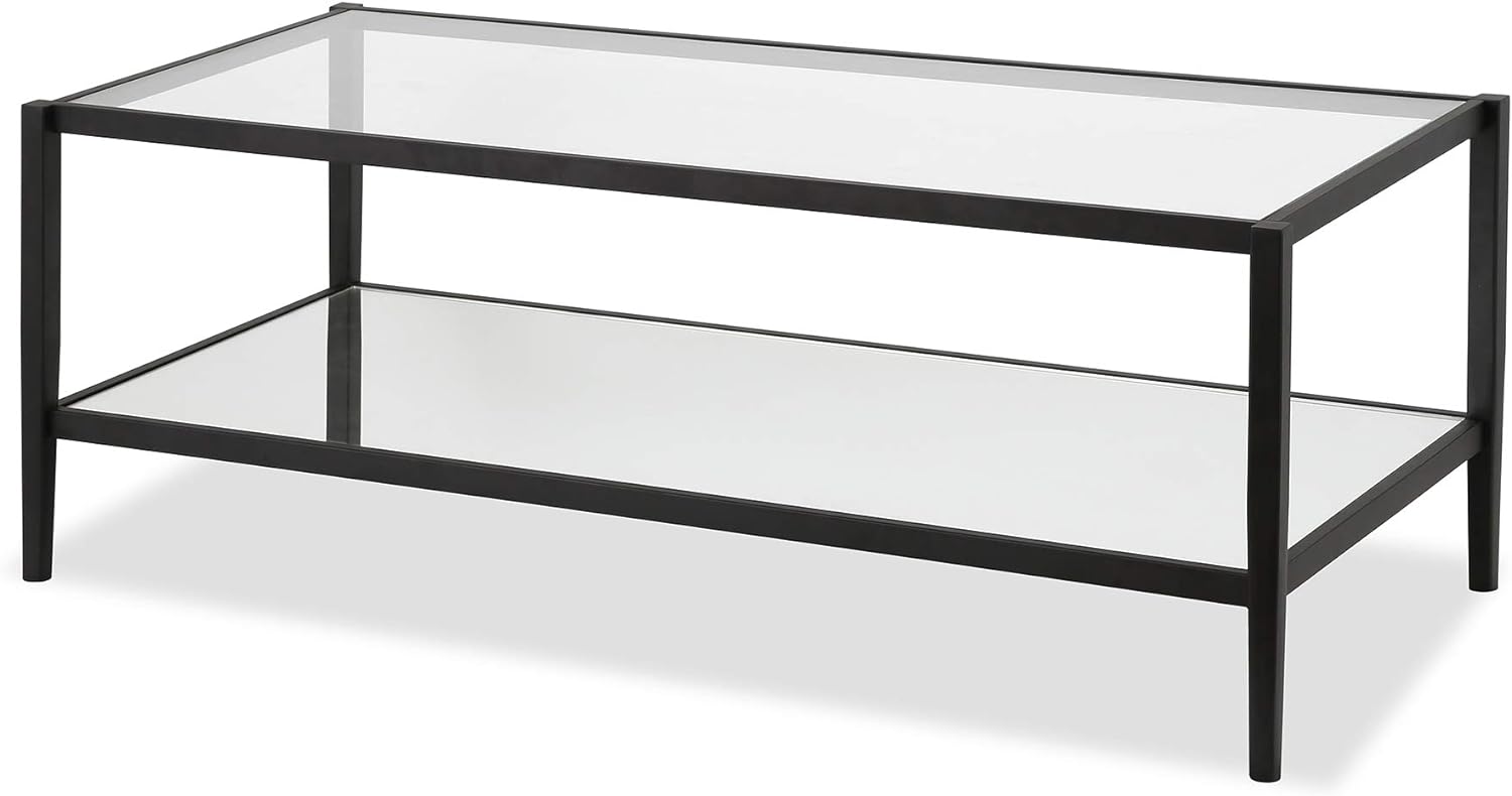 Henn&Hart 45 Wide Rectangular Coffee Table with Mirror Shelf in Blackened Bronze, Modern coffee tables for living room, studio apartment essentials