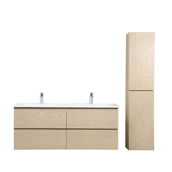 Meuble double vasque 120cm avec plan céramique SORRENTO Décor chêne   colonne