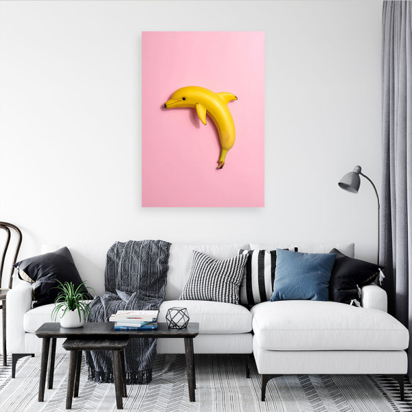 Obraz do pokoju dziecka salonu, Abstrakcja Banan Delfin na rózowym 20x30