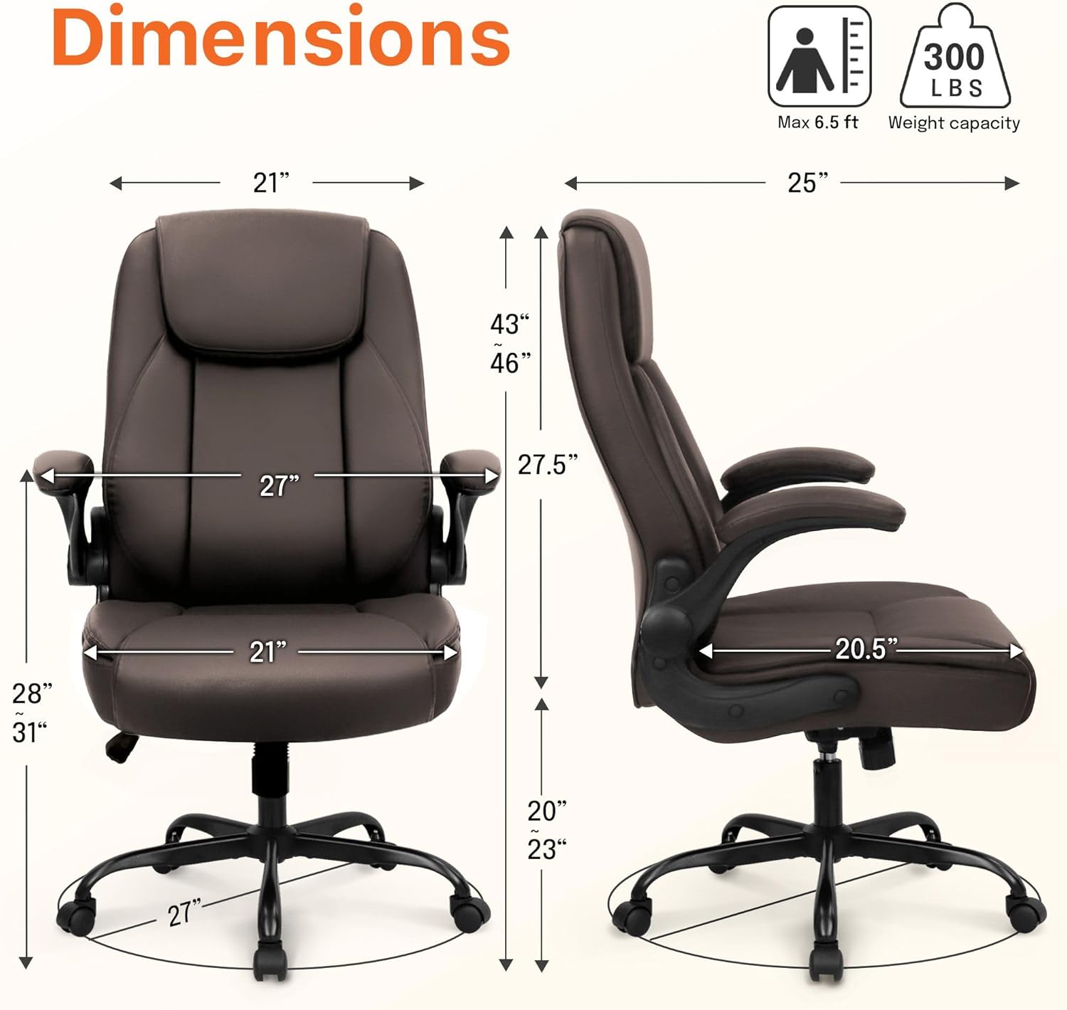 NEO CHAIR Office Desk Gaming Computer Home Chair Ergonomic Executive High Back Support Flip-up Arms Adjustable Height Swivel Rolling Wheels Comfy PU Leather (Brown)
