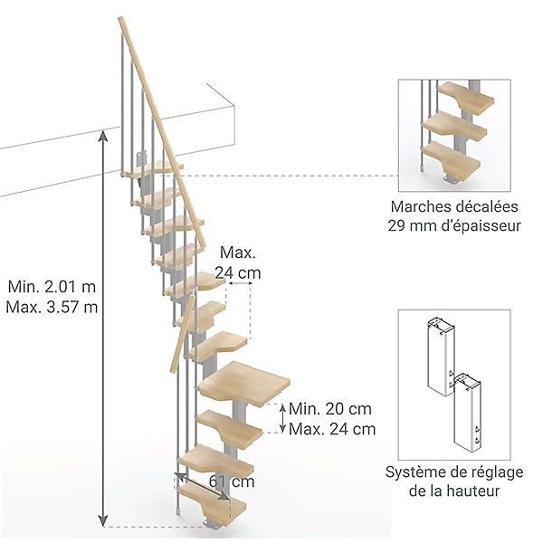 Escalier 1 quart tournant 13 marches - Hauteur à franchir de 2.81 à 3.33m - Largeur 61cm - Couleur naturel et blanc -