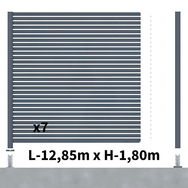 Kit Clôture Ajourée Aluminium OLINDA Anthracite 12,85x1,8m Poteaux sur Platines - Dimension des Lames : 21x45x1780 mm