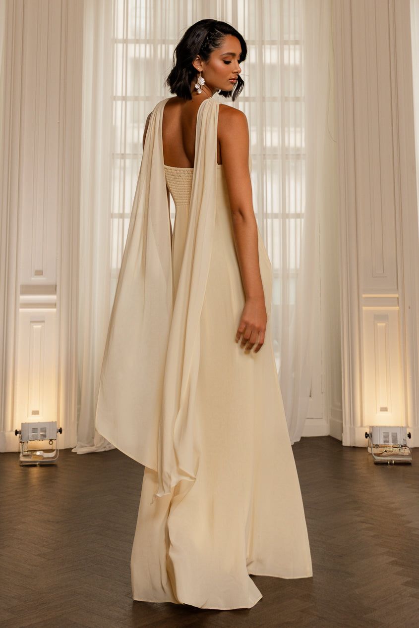 Goddiva Cross Front Scarf Back Chiffon Mermaid Maxi Dress
