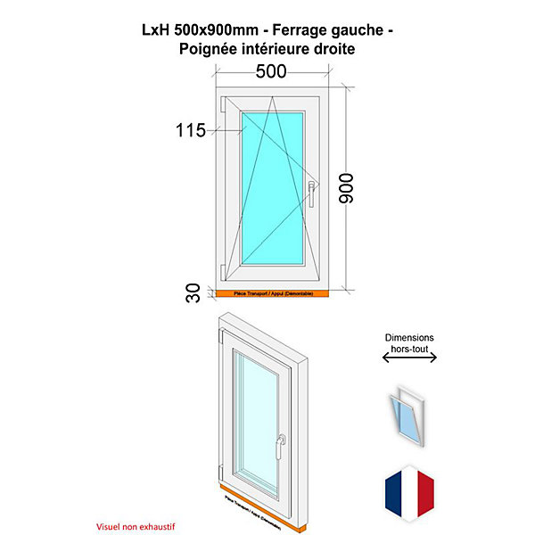 Fenêtre PVC - LxH 500x900 mm -Triple Vitrage - Blanc -poignée à droite
