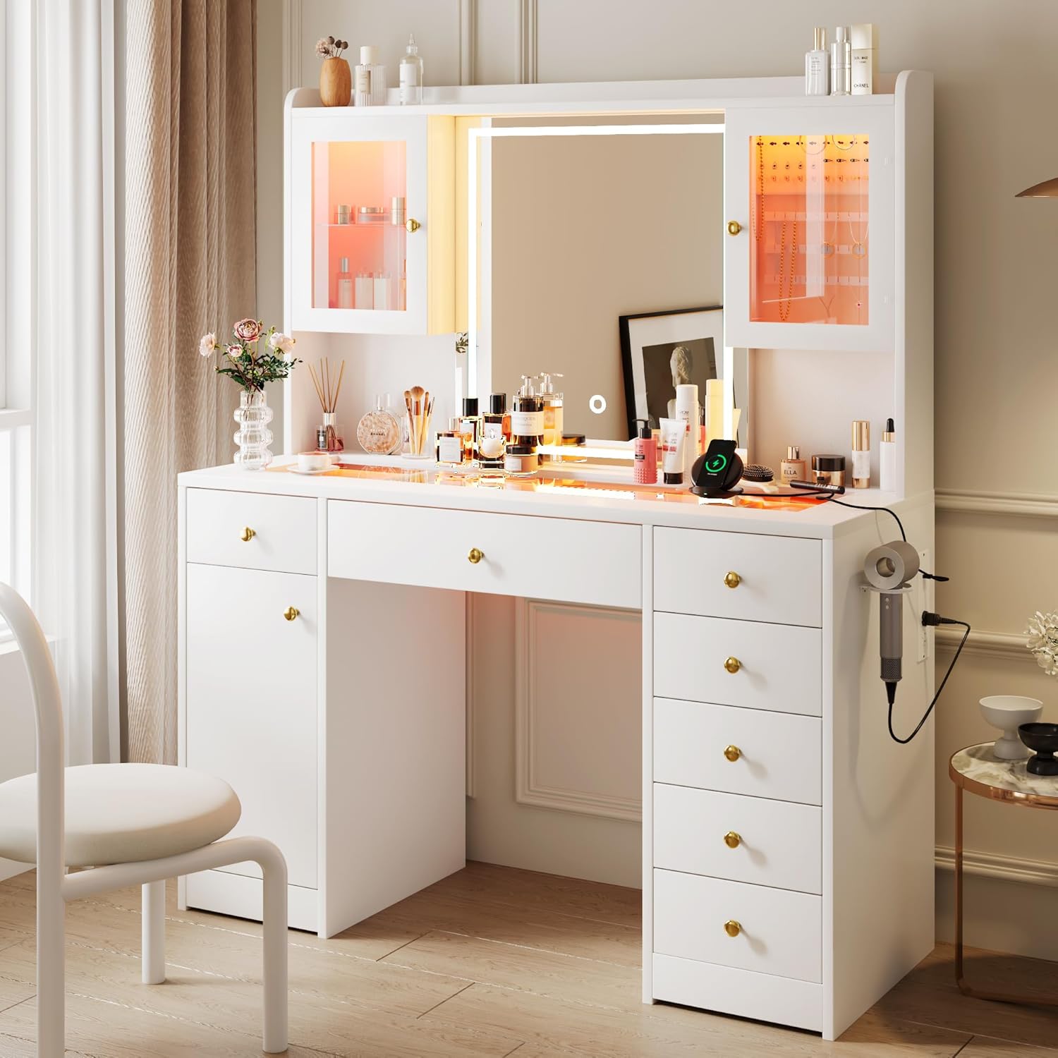 iPormis Vanity Desk with Mirror and Lights, Glass Top Makeup Vanity with RGB Light and Power Outlet, Dressing Table Mirror with 3 Lighting Colors, 7 Drawers, 3 Cabinets, White Vanity for Bedroom