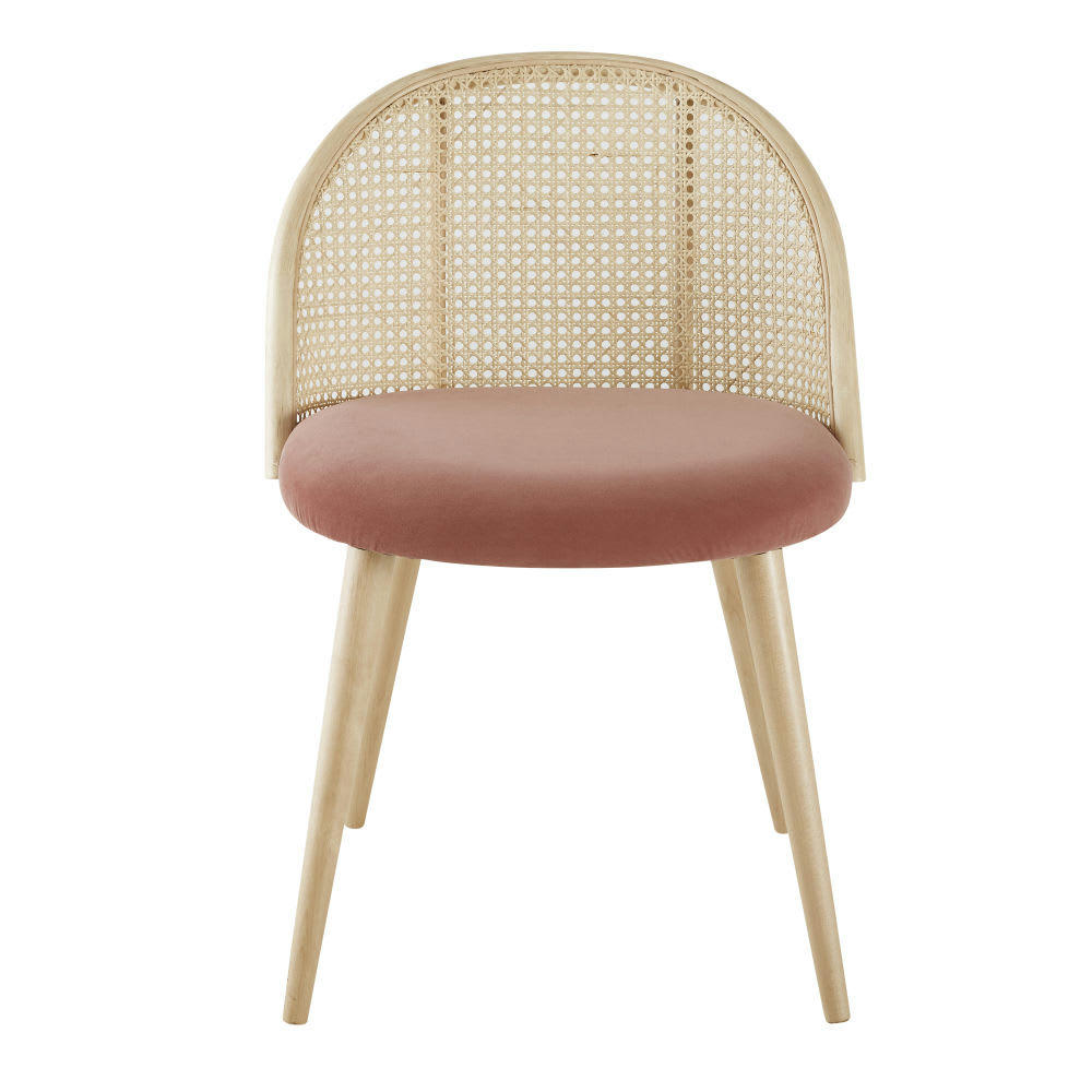 Mauricette - Chaise vintage rose cannage en rotin et bouleau massif