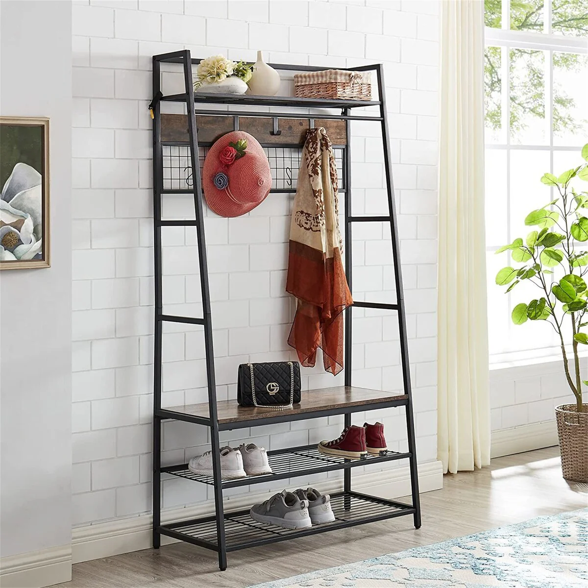 Coat Rack Entryway Organizer/ Hall Tree W/ Bench, Shoe Storage, Hooks