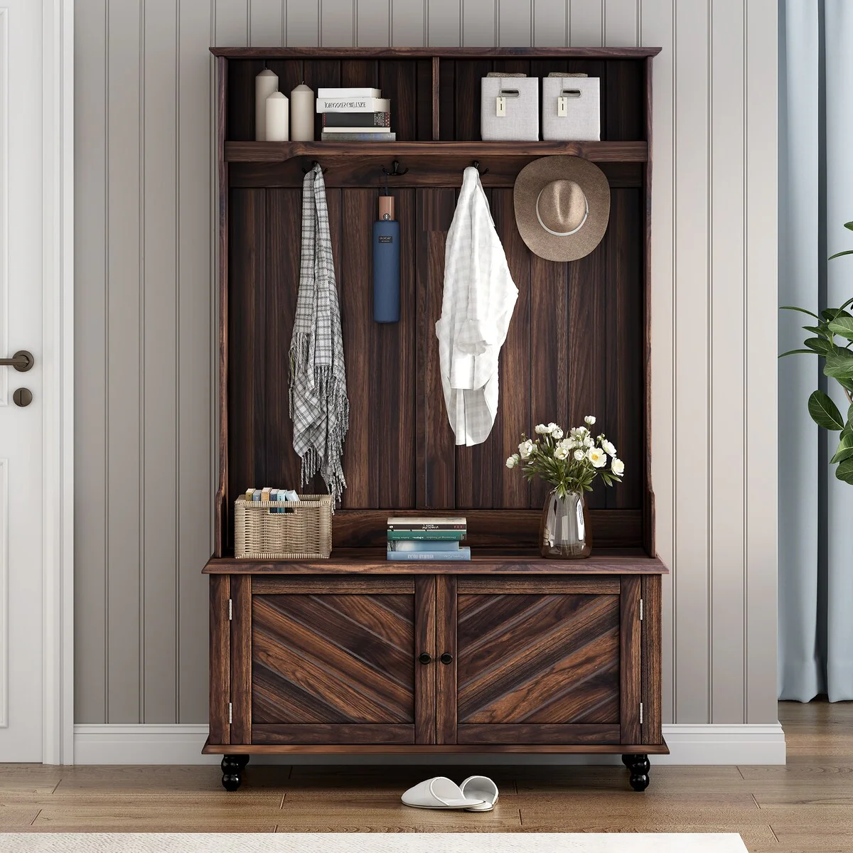 Hall Tree with 4 Hooks , Coat Hanger, Entryway Bench, 3-in-1 Design Storage Bench for Entrance, Hallway