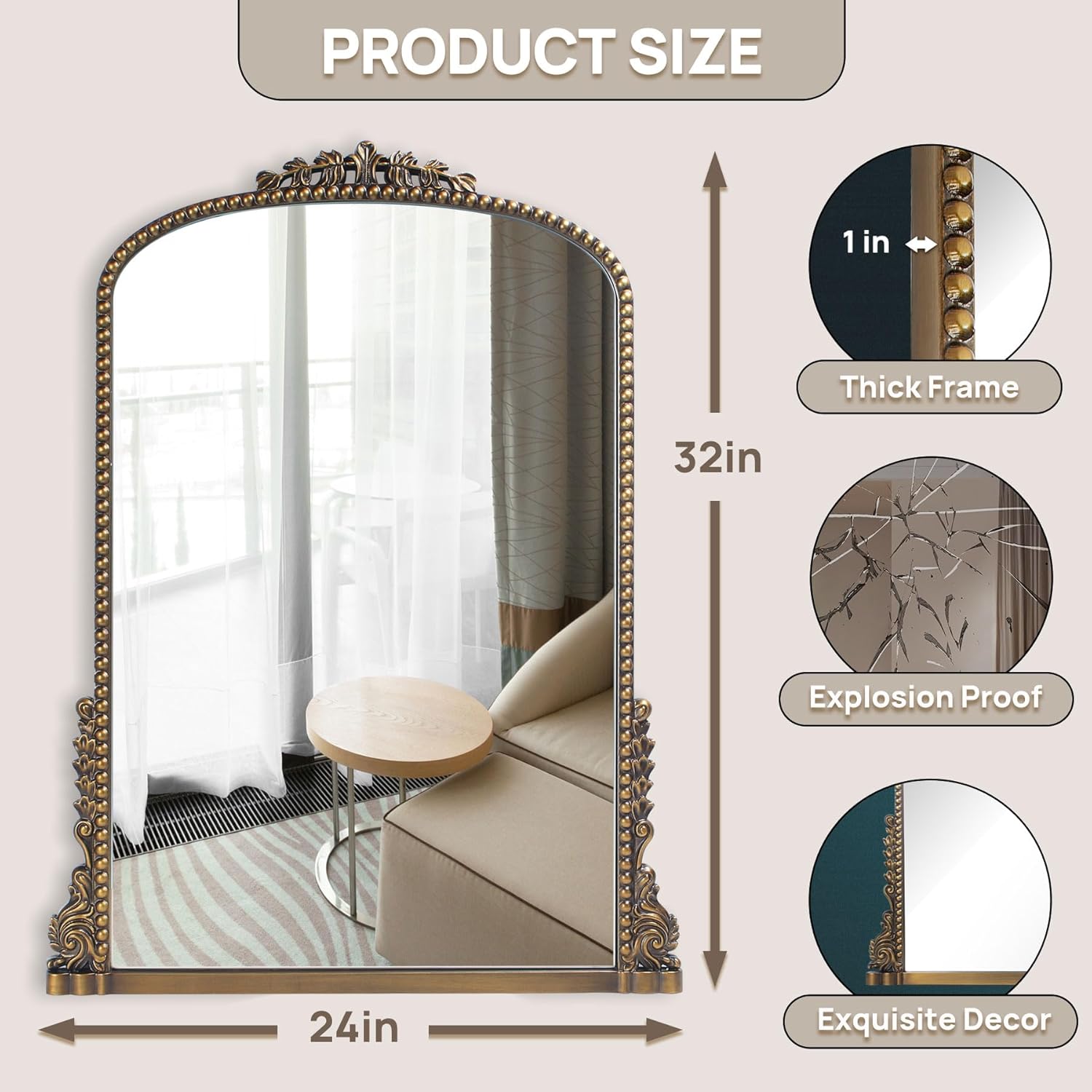 Vintage Baroque Arched Mirror - Traditional Ornate Antique Brass Wood Frame - 24X32 - Perfect for Entryway, Fireplace, Living Room, Hallway, Bathroom