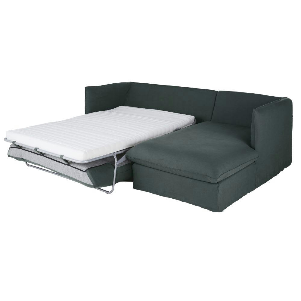 Louvain - Canapé d'angle droit convertible 3/4 places en lin froissé gris anthracite, matelas 10 cm