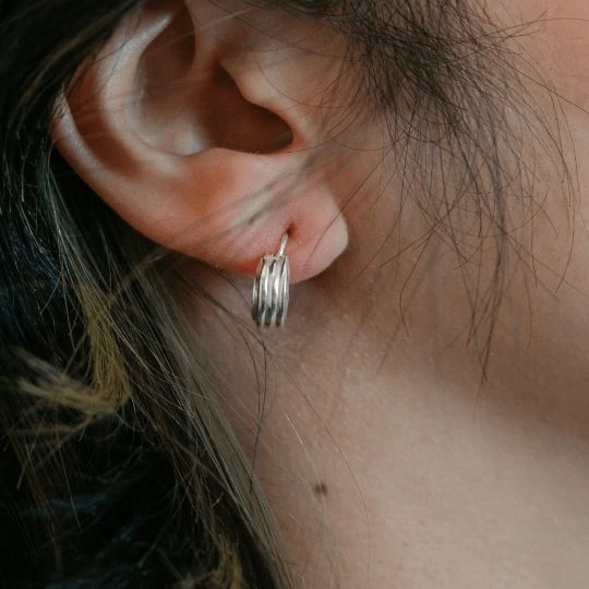 The Colourful Aura Pure Silver Small Stripe Wide Bali Hoop Earring