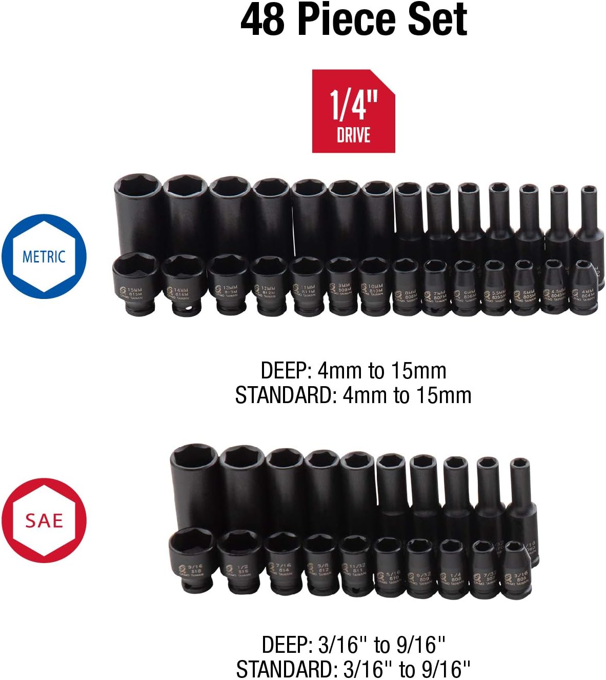 SUNEX TOOLS 1848, 1/4 Inch Drive Master Impact Socket Set, 48-Piece, SAE/Metric, 3/16 Inch - 9/16 Inch, 4mm - 15mm, Standard/Deep, Cr-Mo Alloy Steel, Radius Corner Design, Heavy Duty Storage Case