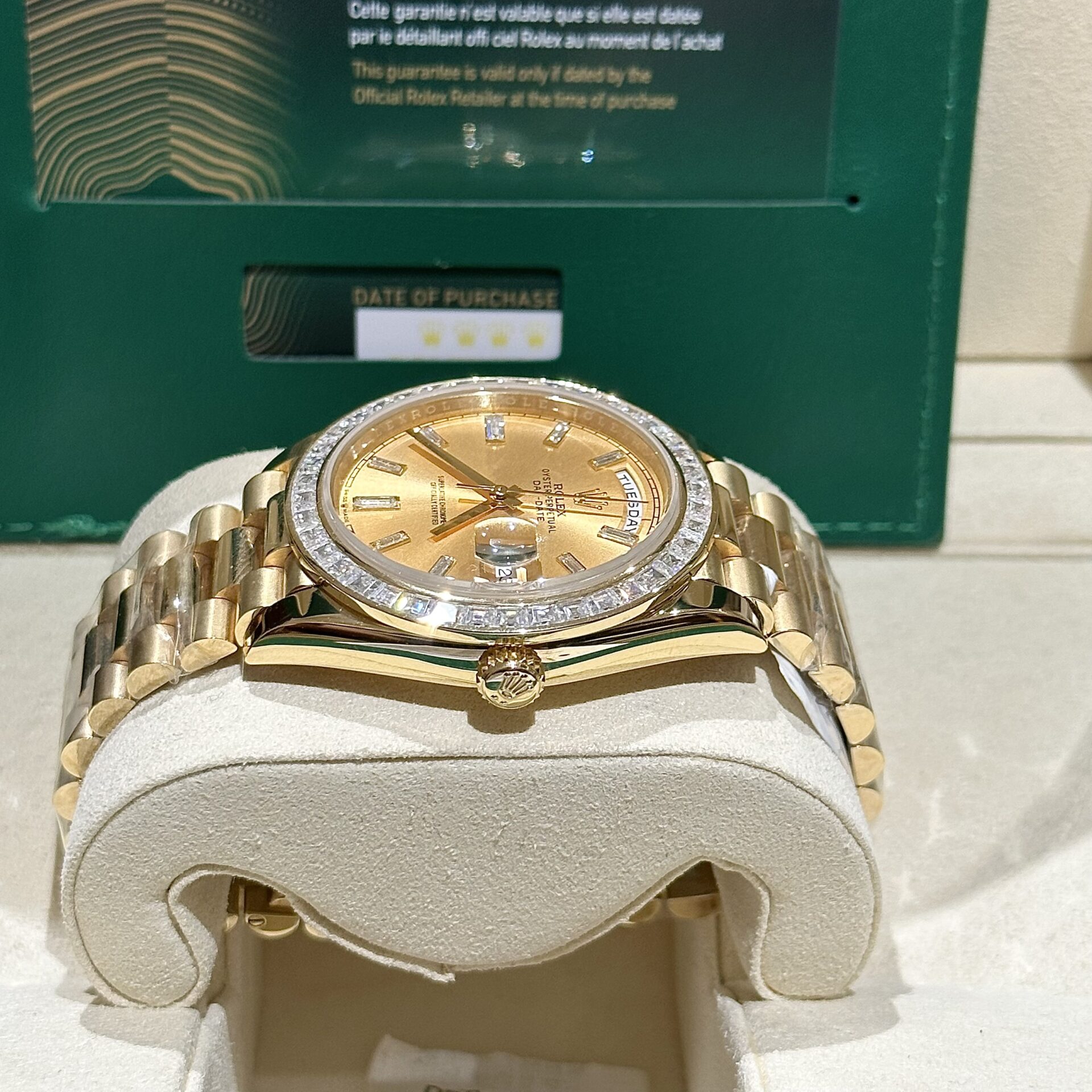 Rolex Day-Date YG Plated Champagne Dial Baguette Diamond 40mm Super Clone