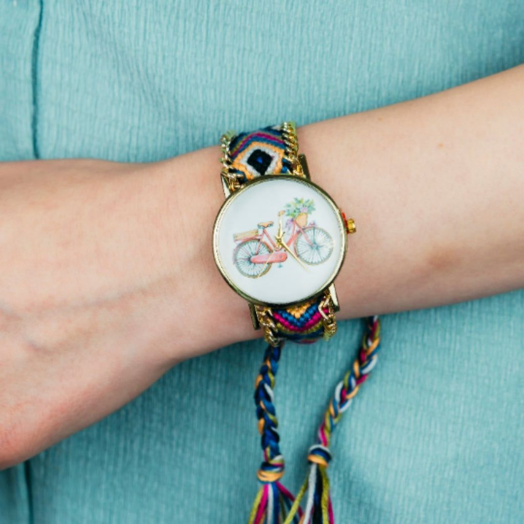 The Colourful Aura Cycle Print Jute Braided Strap Boho Wristwatch for Women