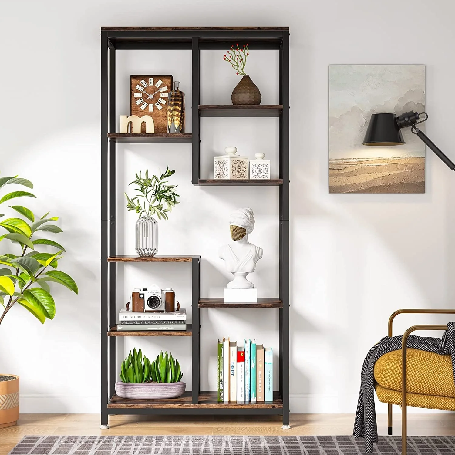 Industrial 8-Shelf Tall Bookshelf Bookcase