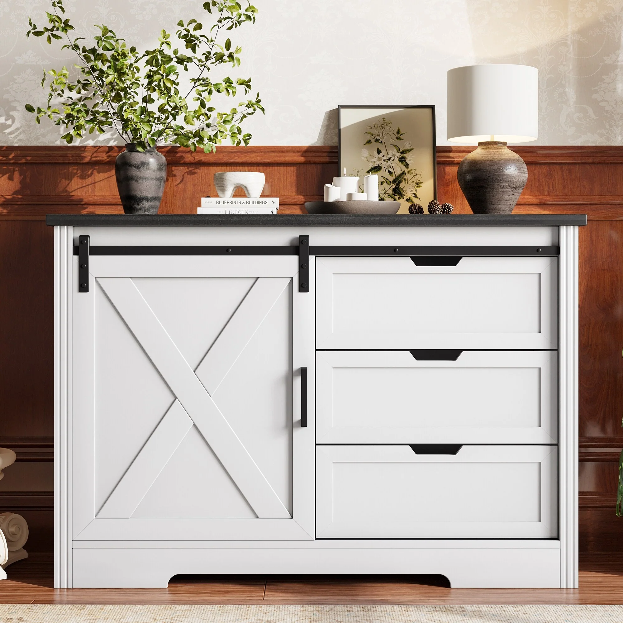 Farmhouse Sliding Barn Doors Sideboard Storage Cabinet with 3 Drawers, Dining Room Buffet Cabinet Dresser Bar Chest