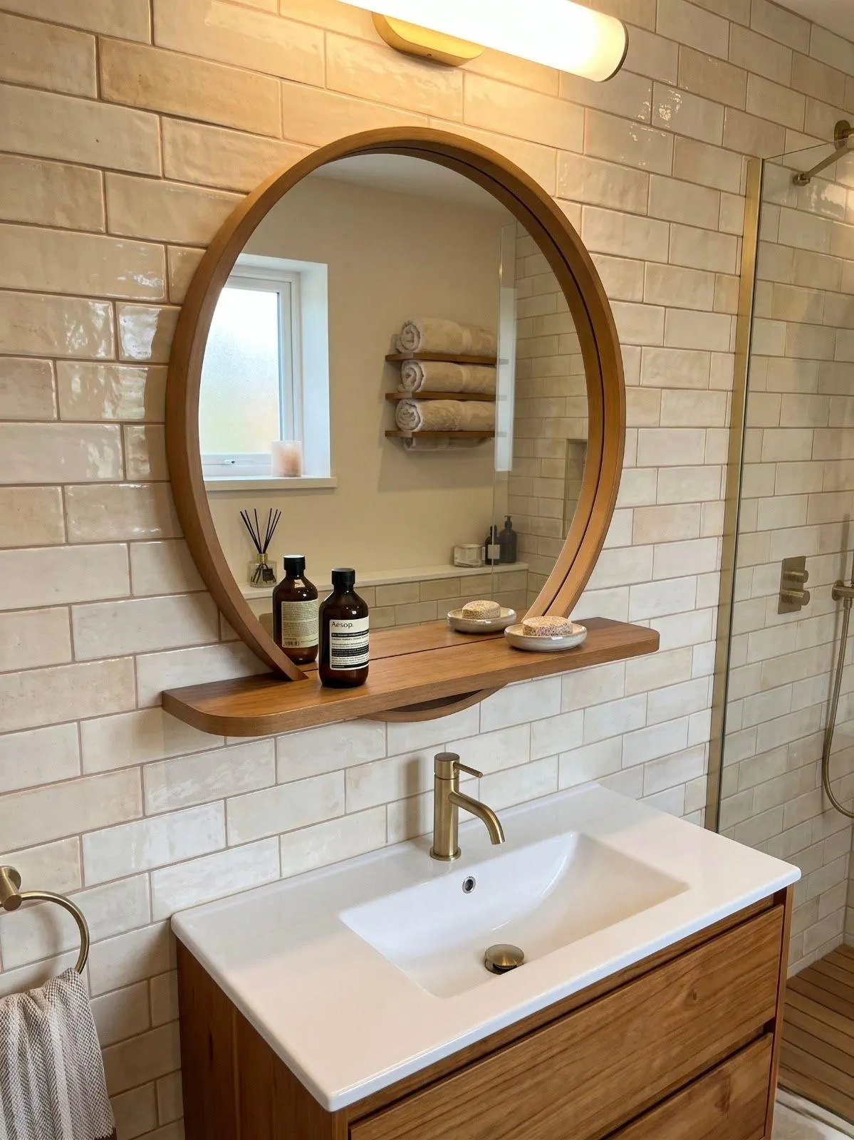 Round Mirror with Shelf, Oak or Walnut Bathroom & Entryway Wall Mirror