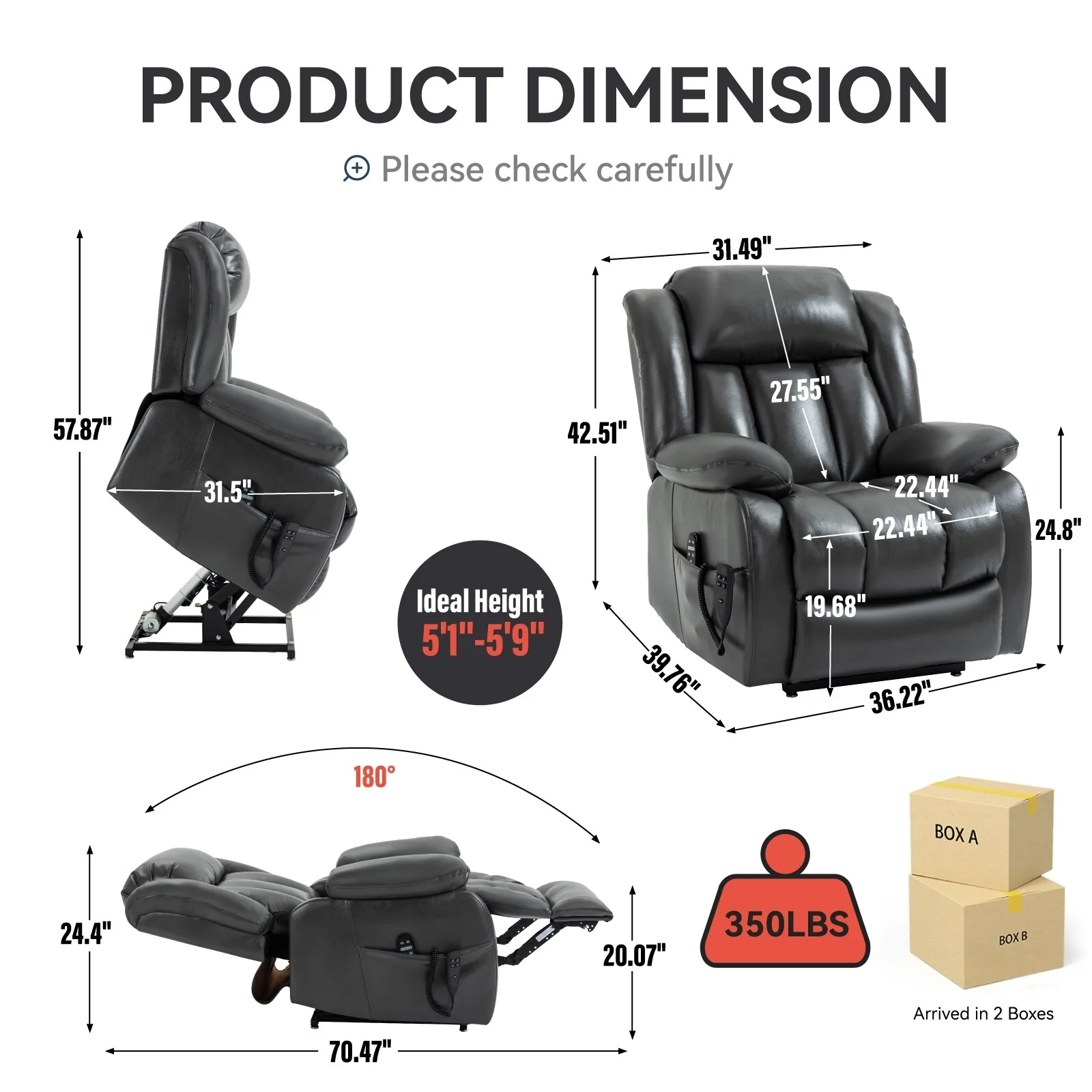 Grey Electric Power Lift Recliner Chair with Dual Motor, 8-Point Vibration Massage, Lumbar Heating, 180° Recline
