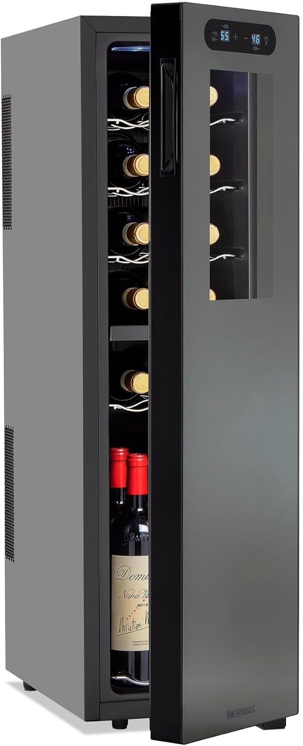 Wine Enthusiast 18-Bottle Slimline Dual Zone Wine Cooler - Energy Efficient Freestanding Wine Refrigerator - Upright Bottle Storage, Adjustable Thermostat, Digital Touchscreen (20.5” x 10.7 x 36.8”)