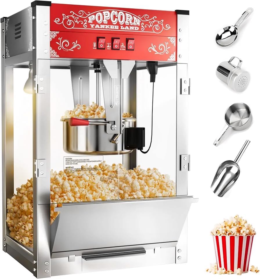 16 Oz Commercial Popcorn Machine, 1440 W, Movie Theater Popcorn Machine, Red Tabletop Pop Corn Machine with 3-Switch Control & Steel Frame Tempered Glass Doors