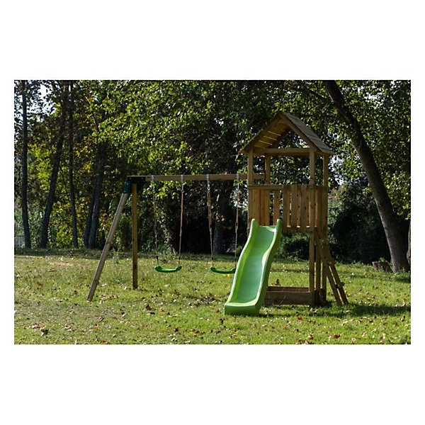 Aire de jeux Masgames TIBIDABO L toit en bois avec balançoire Basique : avec bac à sable à la base