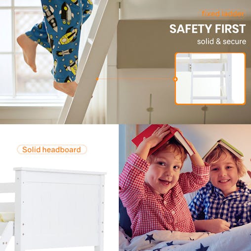 NNEMB Wooden Kids Bunk Bed Frame-with Modular Design that can convert to 2 Single-White